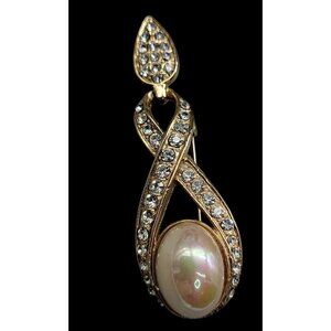Designer High End Brooch Irridescent Glossy Faux Mabe Pearl Rhinestones Vintage